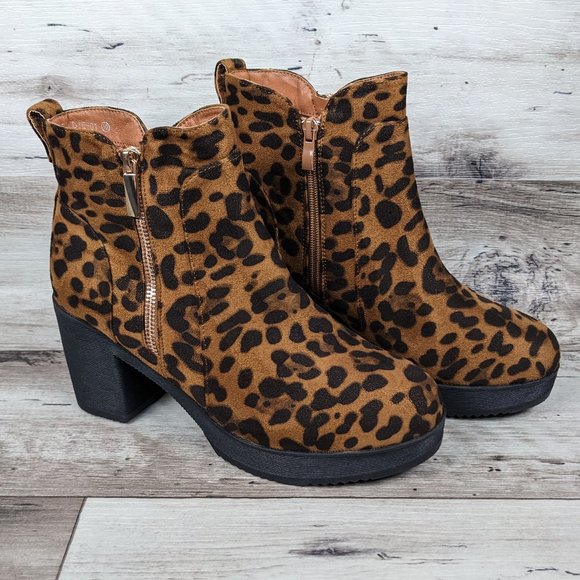 Nature Breeze Shoes - Nature Breeze* Women's Leopard Print Chunky Heel Quarter Boots Size~ 10